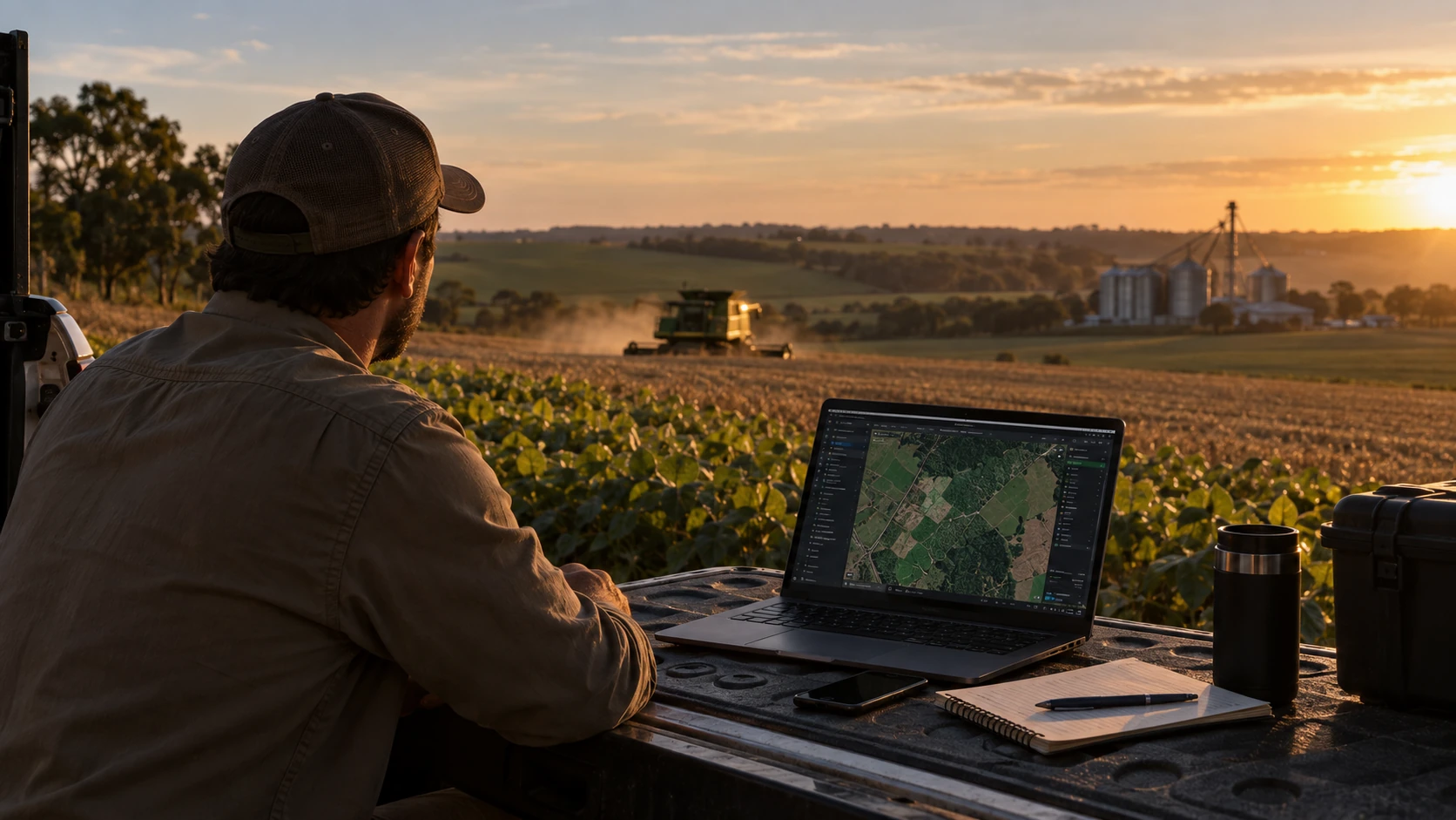 Produtor de boné junto ao notebook na caminhonete, com lavoura e colheitadeira ao fundo
