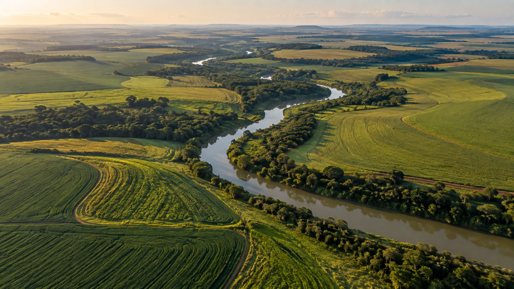 Vista aérea de território agrícola brasileiro com mata ciliar e curso d'água