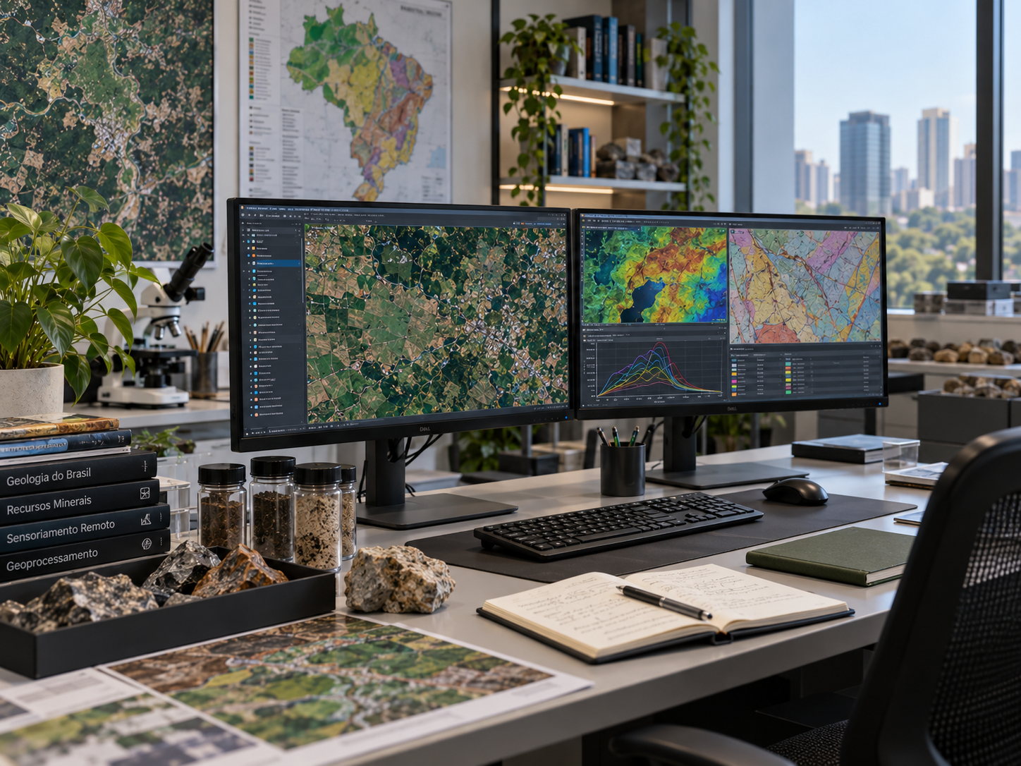 Estação de trabalho com três monitores exibindo imagens territoriais e mapas