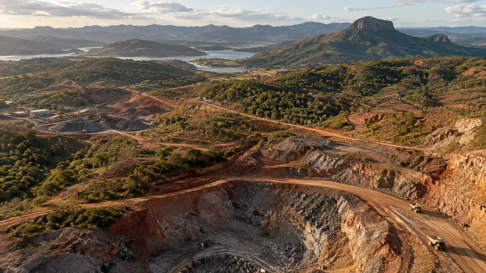 Paisagem regional com relevo, vegetação, corpos d’água e uma área de mineração