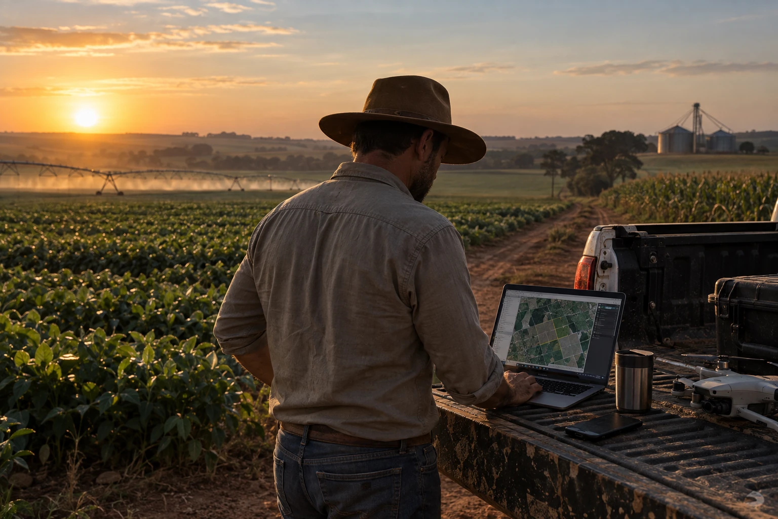 Produtor de chapéu consultando mapas no notebook junto à caminhonete, com lavoura e irrigação ao fundo