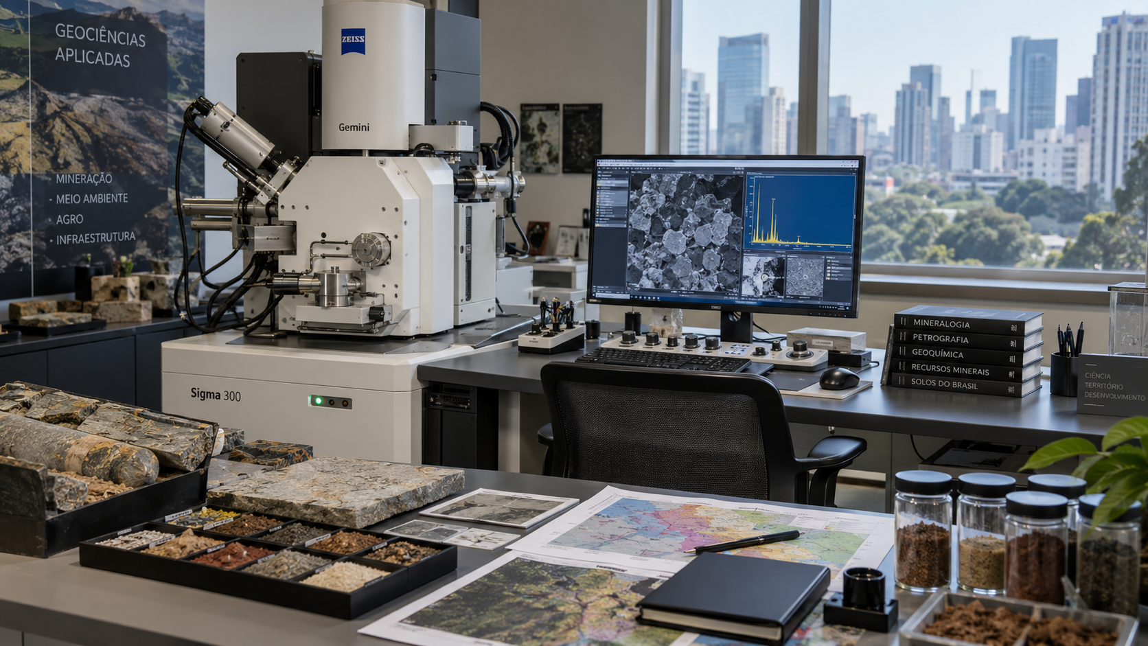 Ambiente de análise com equipamento de microscopia, amostras e materiais geológicos
