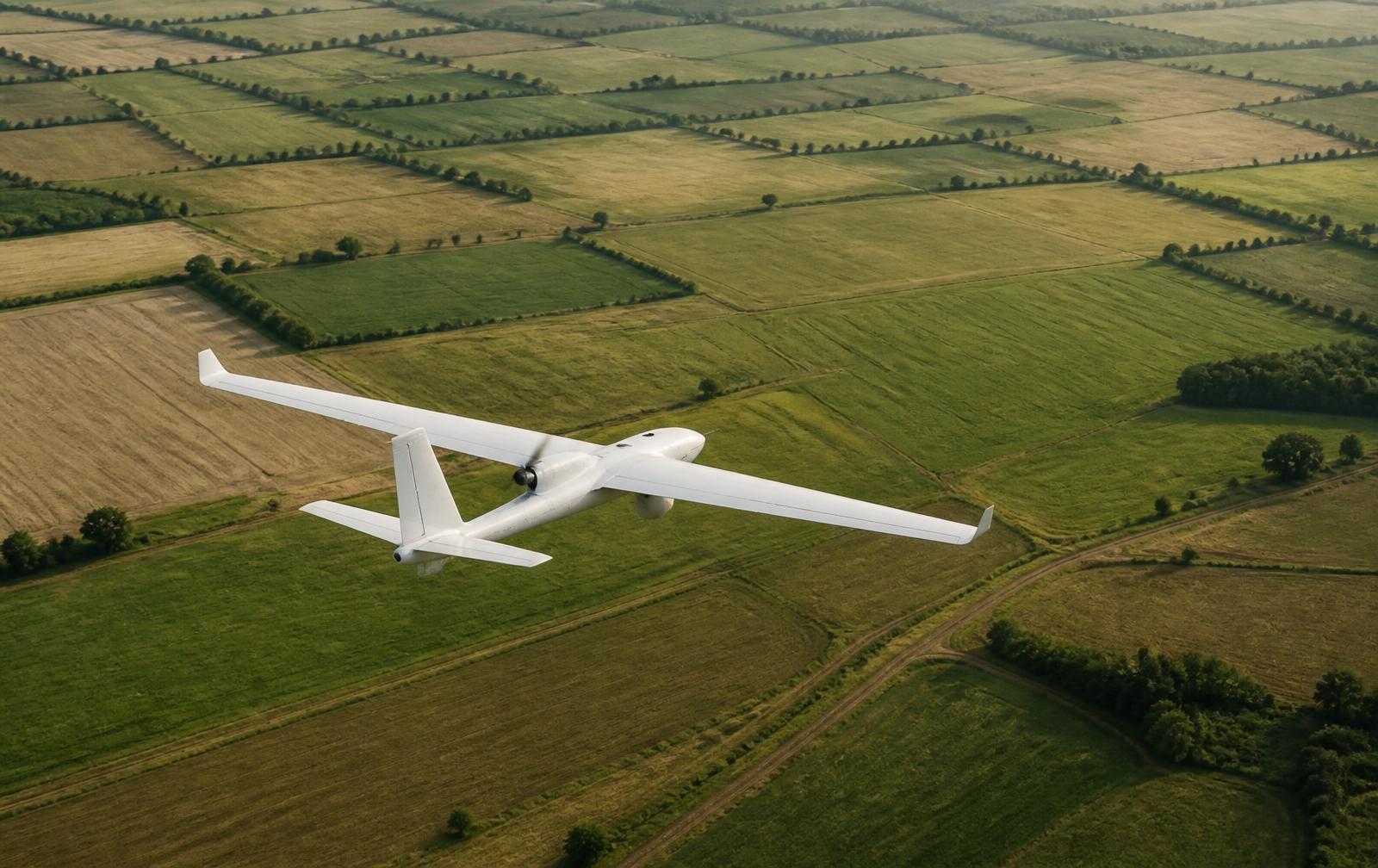 Aeronave remotamente pilotada em levantamento aerofotogramétrico sobre mosaico de glebas agrícolas